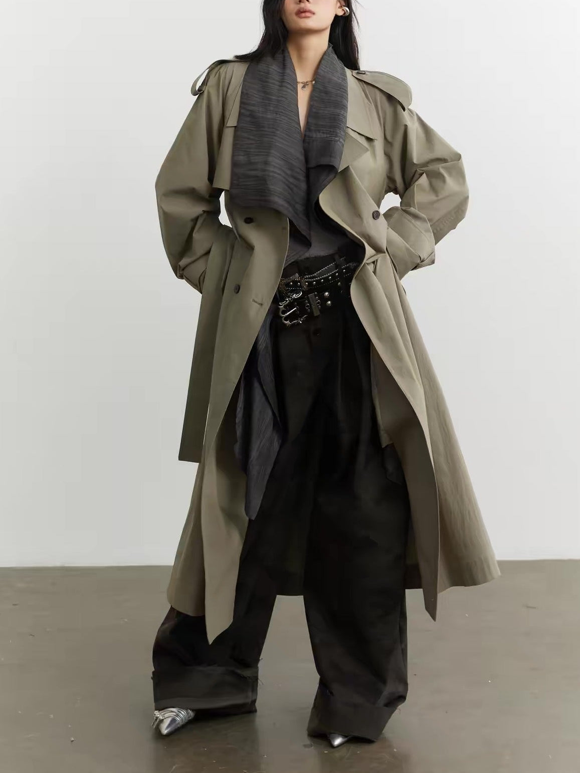 contrast  collar long trench coat