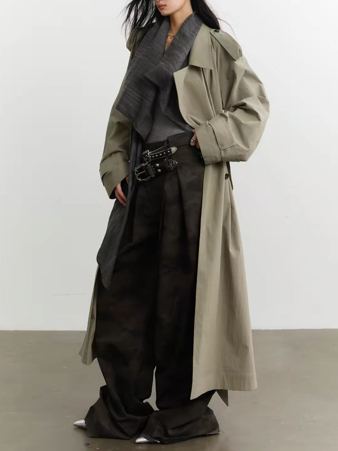 contrast  collar long trench coat