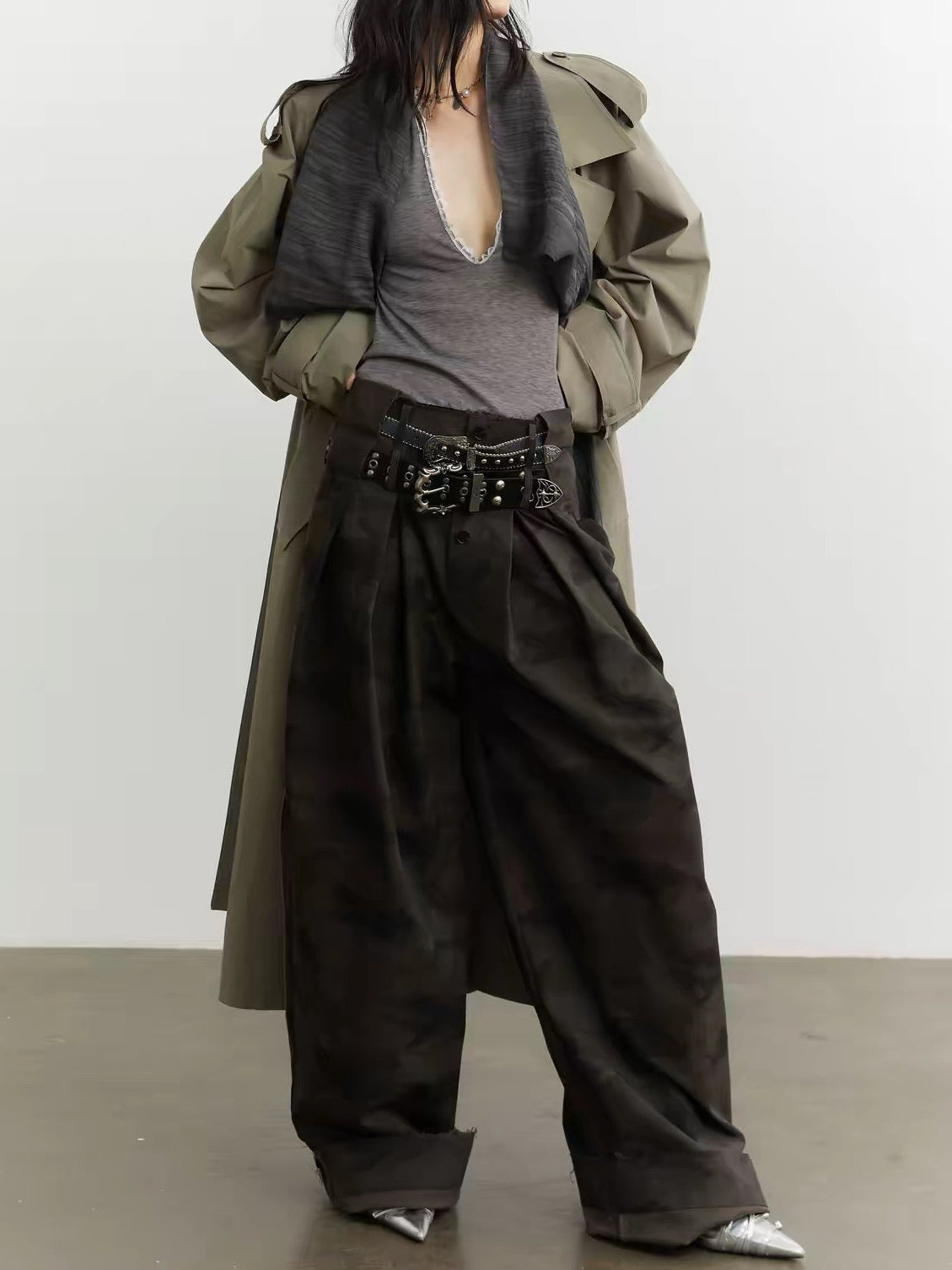 contrast  collar long trench coat