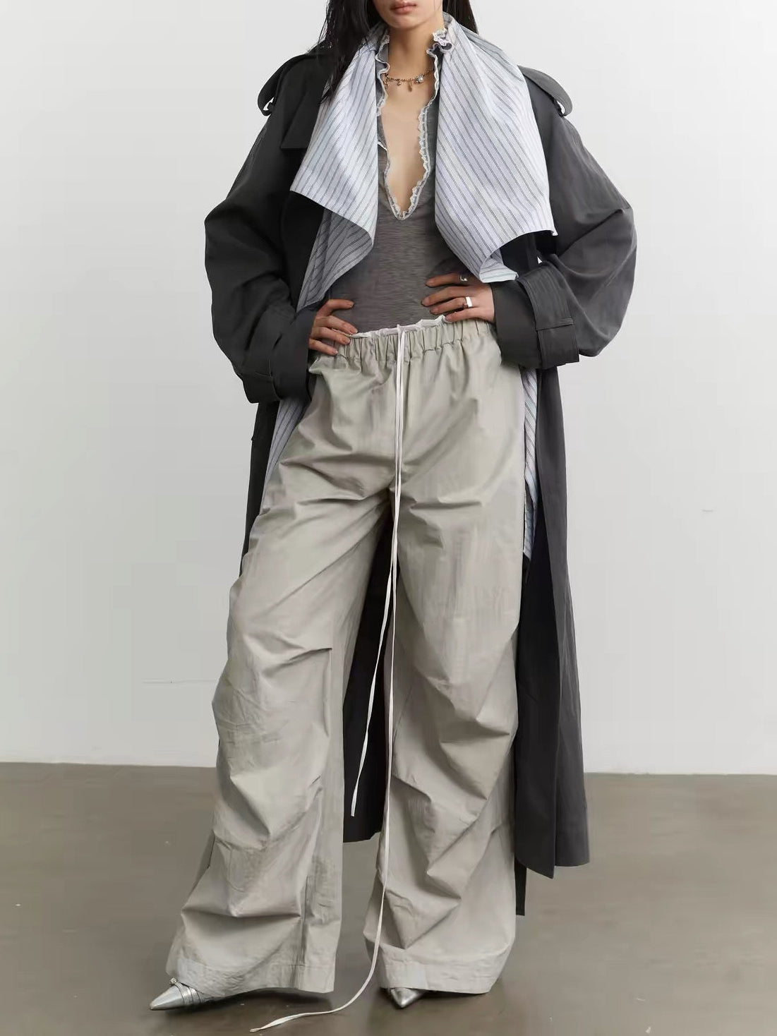 contrast  collar long trench coat