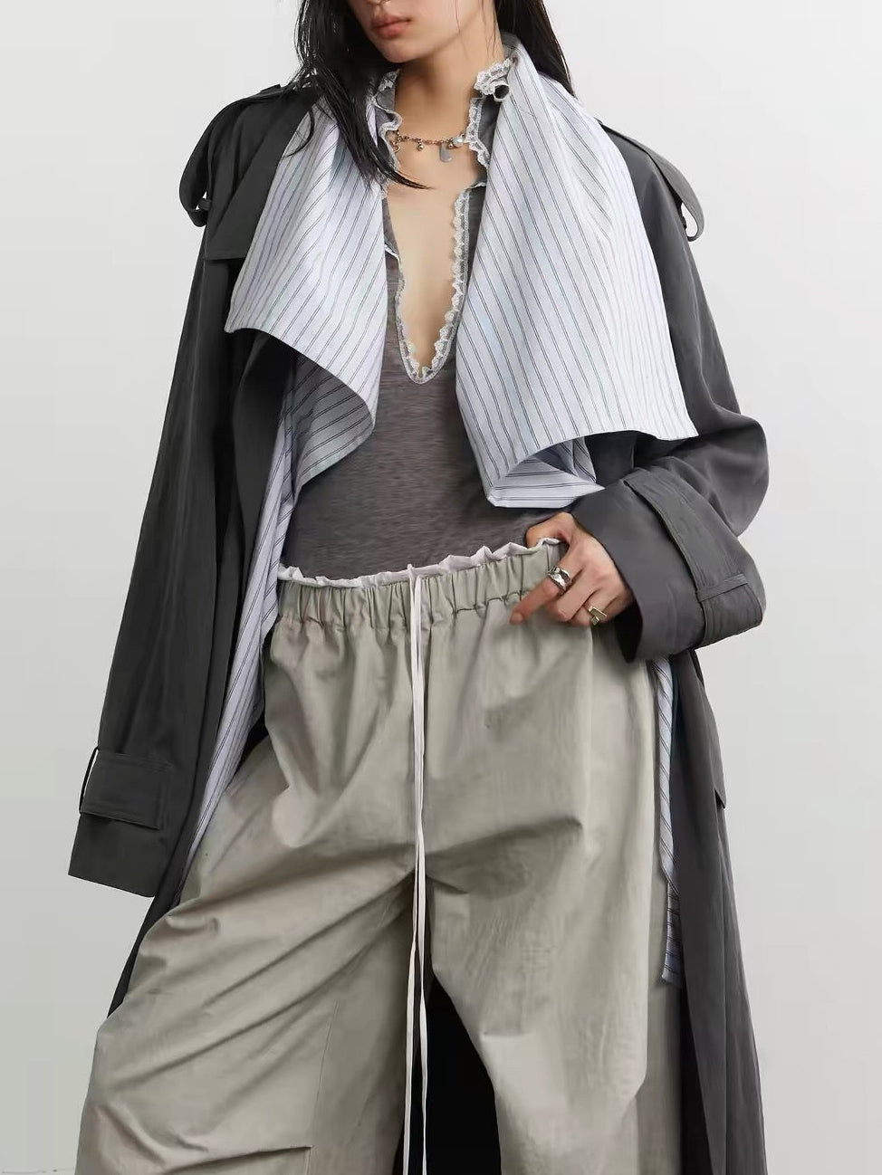 contrast  collar long trench coat