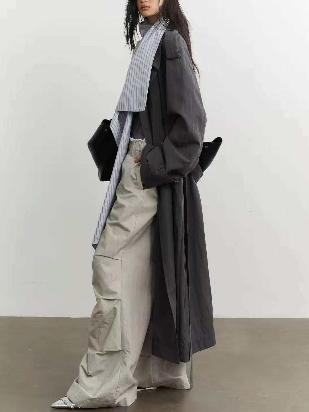 contrast  collar long trench coat